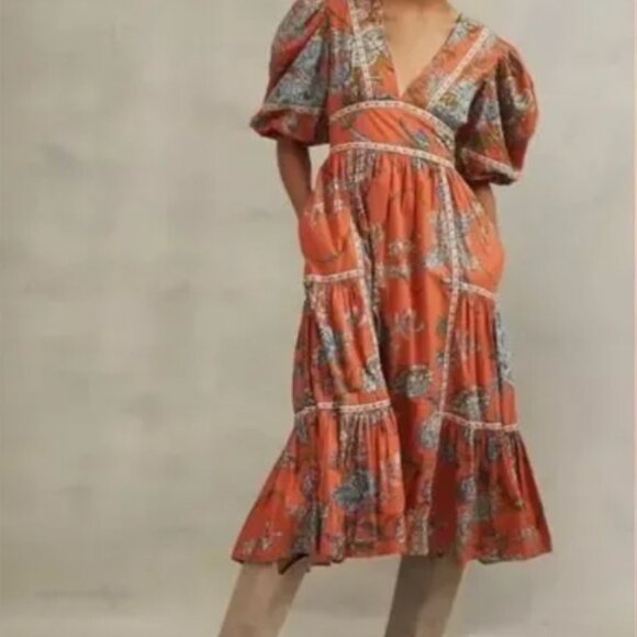 NWT Anthropologie Love the Label Mabel Puff Sleeve Floral Wanda Orange, Small - Picture 4 of 7